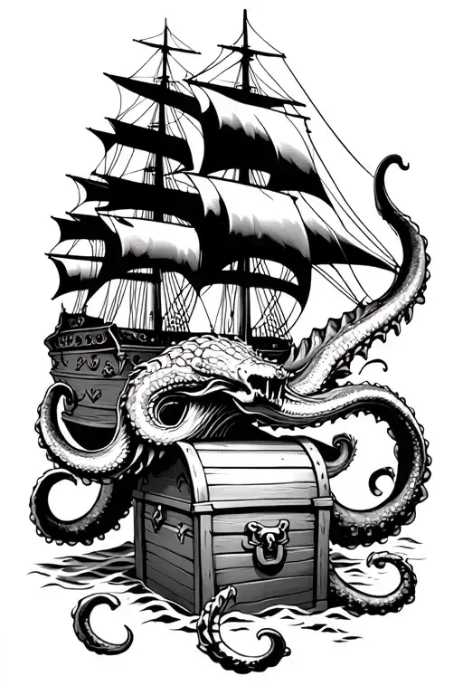 Kraken Guarding Treasure Chest With Pirate Ship Sailing Above