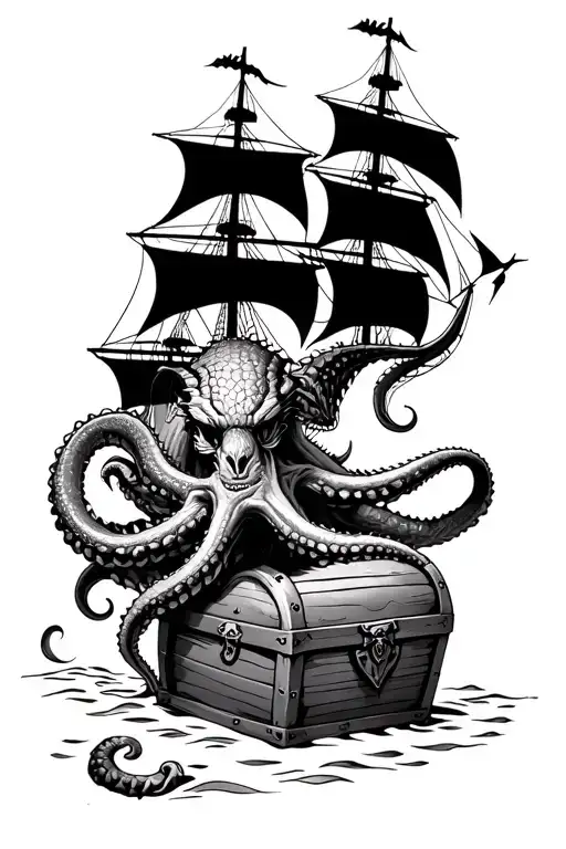 Kraken Guarding Treasure Chest With Pirate Ship Sailing Above