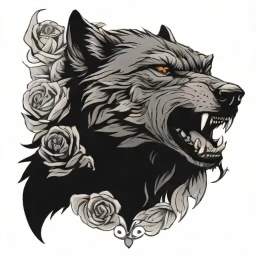 Growling Wolf Surrounded With Roses