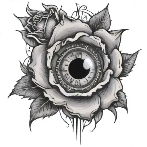 Eye Inside A Rose Flower With A Broken Clock