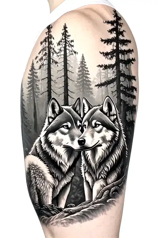 Lower Arm Sleeve Tattoo Featuring 2 Wolves In A Forest Area With A Viking Theme