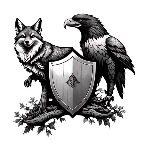 Tattoo With A Shield Eagle Fox And Tree Growing