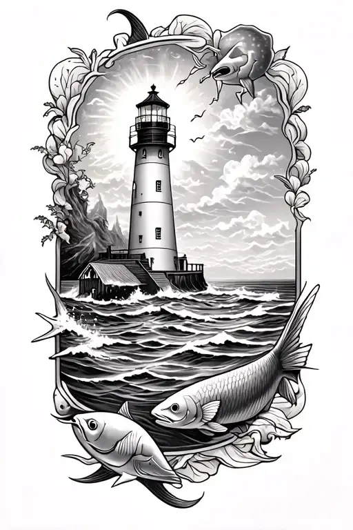 Ocean With Light House And Salt Water Fish