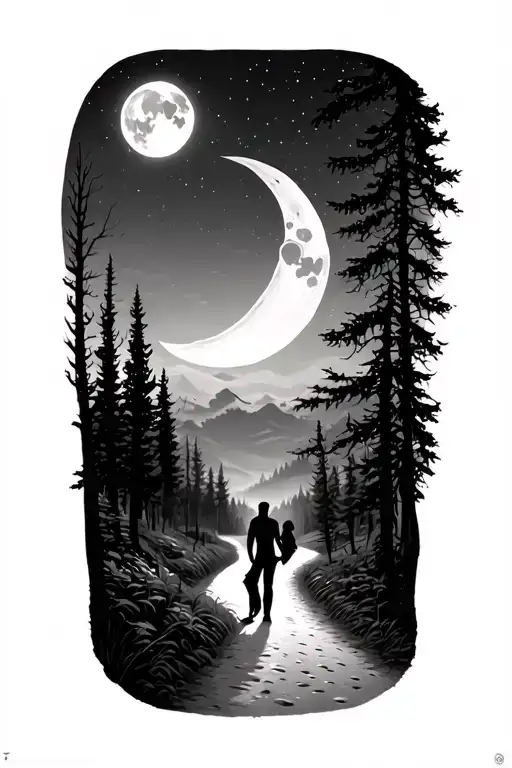 Forest With A Road With A Couple In Love On A Moon Night