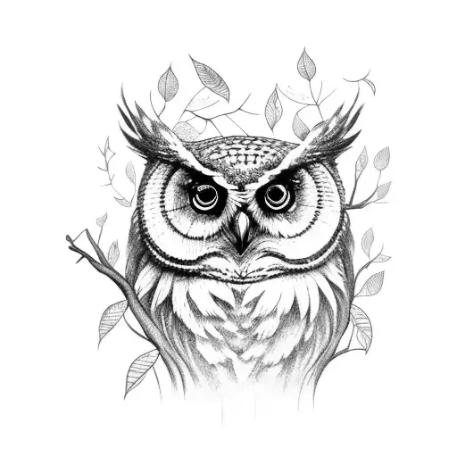 Owl In Tree With Leaves