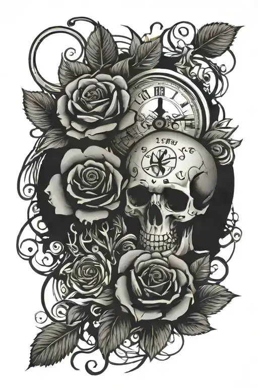 Skulls Roses Cards And Broken Clock Surrounded