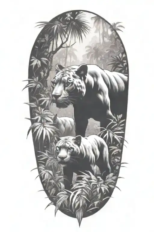 A Pack Of Panthers Stalking Through A Dense Jungle