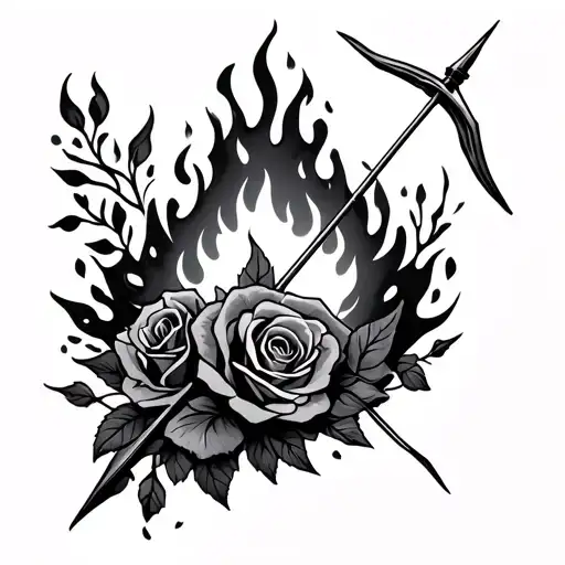 Bow And Arrow With Fire And Roses Intertwined