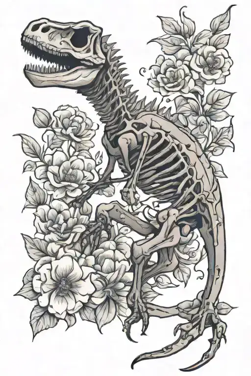 Dinosaur Skeleton And Flowers