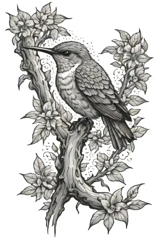 Hummingburd Sitting On Tree Surrounded