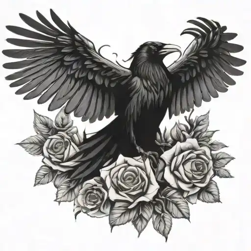 Raven With Spread Wings With Roses Dark Fantasy