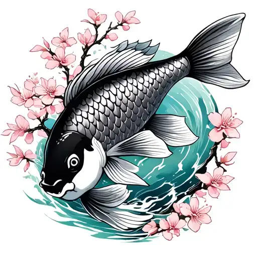 Koi Fish With Cherry Blossom Tree