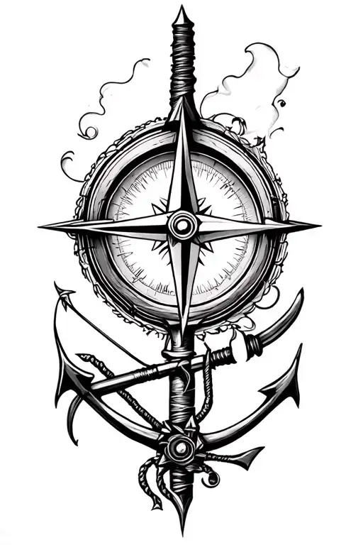 Nautical Compass Forearm Tattoo Design Featuring A Long Bow Weapon