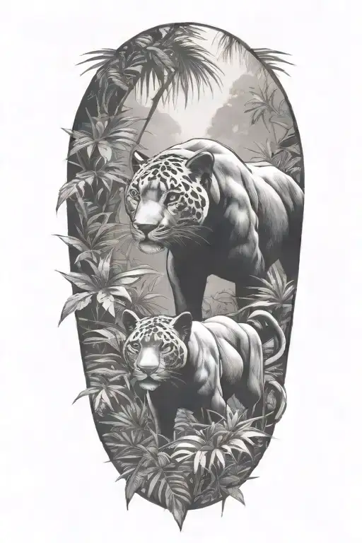 A Pack Of Panthers Stalking Through A Dense Jungle