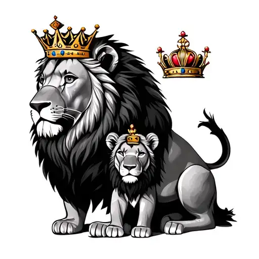 Female Lion With A Junior Lion Wearing A Crown