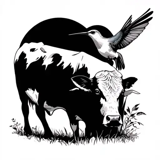 Humming Bird And Cow Grazing