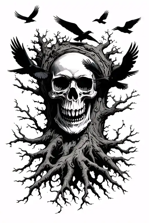 Vampire Skull In Tree Roots With Crows Flying Above