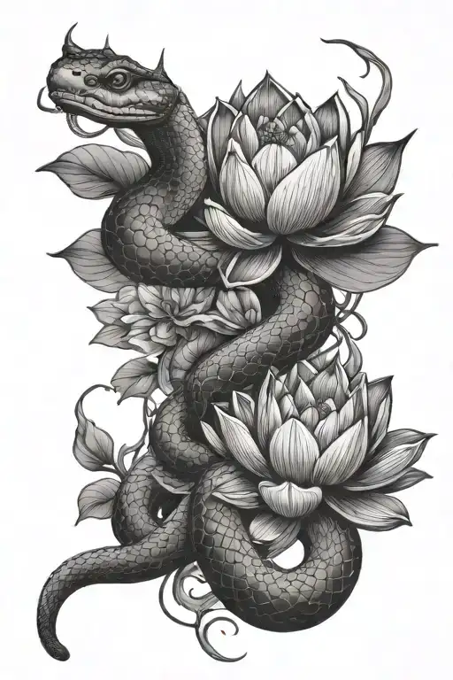 Snake And Lotus Flower Blooming