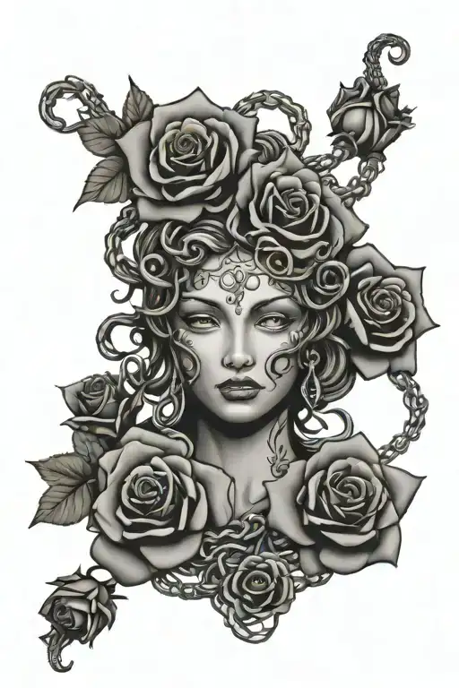 Medusa Head Surrounded By Roses Intertwined With Chains And Skulls