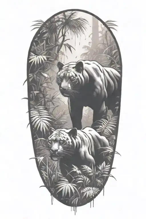 A Pack Of Panthers Stalking Through A Dense Jungle With Rain Falling