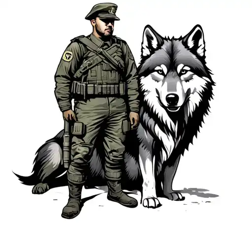 A Soldier Standing Next To A Majestic Wolf In A Military Uniform