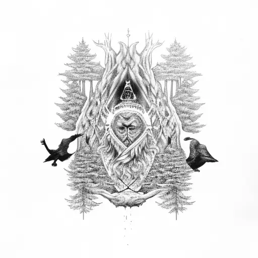 Odin In Front Of Yggdrasil With Trees And Ravens