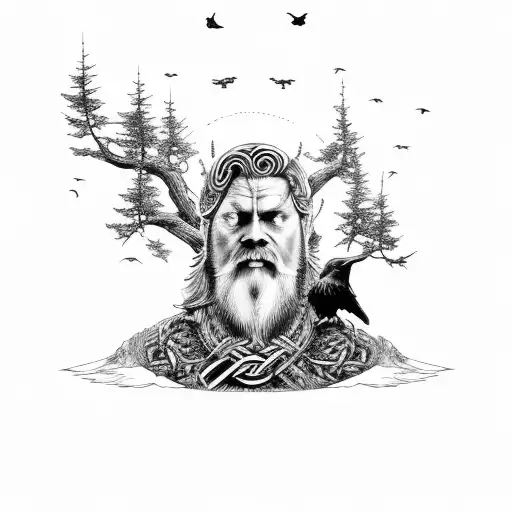 Odin In Front Of Yggdrasil With Trees And Ravens