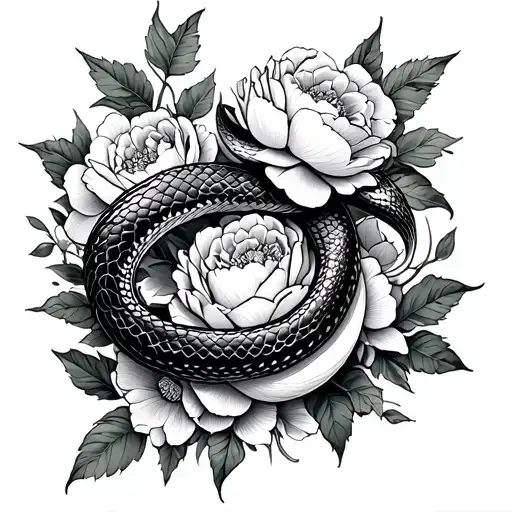 Half Sleeve Snake Tattoo With Peonies And Leaves Going Around It