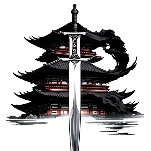 Beautiful W With Sword Over Japanese Pagoda Temple
