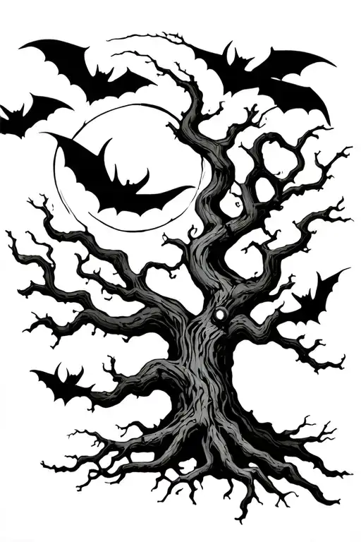 Poison Tree Branch With Bats Flying And A Crescent Moon In The Back No Ground Only Roots