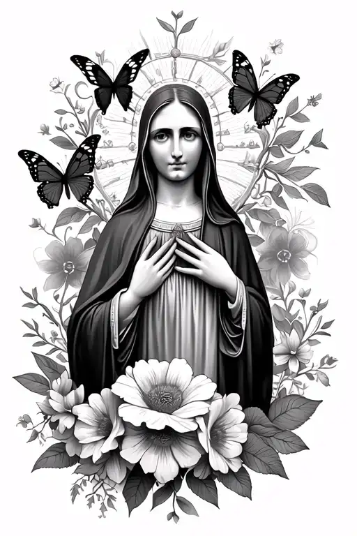 Virgin Mary With Flowers And Butterflies Sleeve