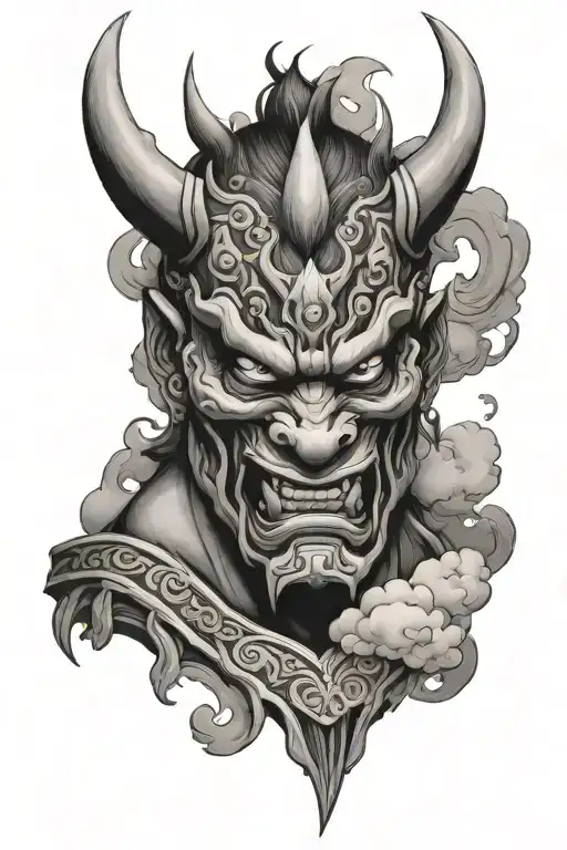 Oni Warrior Mask Surrounded By Clouds