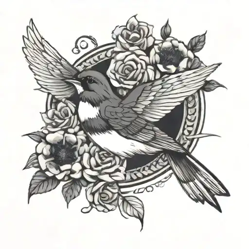Swallow Carring Crown Surrounded By Bold Flowers