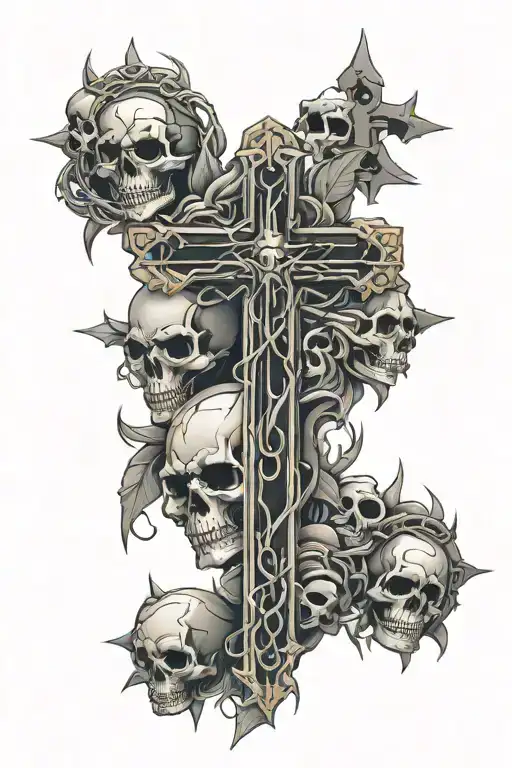 Cross With A Crown Of Thorns Hanging Off Of It With Skulls Around