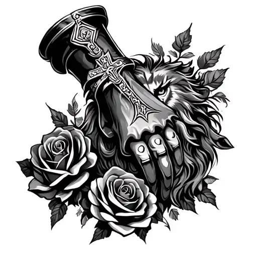 Lion Fore Arm Tattoo In The Shape Of A Gauntlet With Roses And A Cross