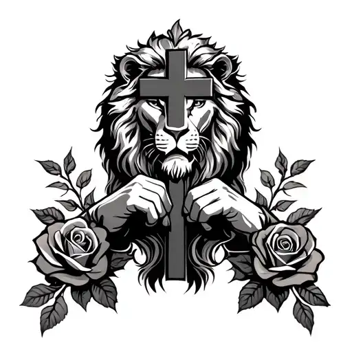 Lion In The Middle Of A Gauntlet Holding A Cross Surrounded By Roses