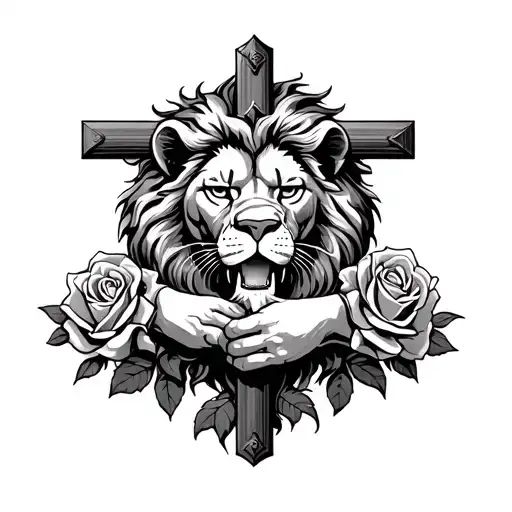 Lion In The Middle Of A Gauntlet Holding A Cross In Its Mouth Surrounded By Roses