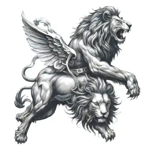 Lion Jumping Upwards With A Guardian Angel Behind It With A Sword