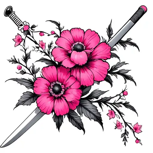 Flowey Flowers Pink With Japanese Sword