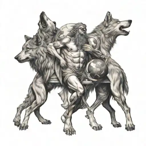 Atlas Carrying The World Surrounded By Wolves Howling