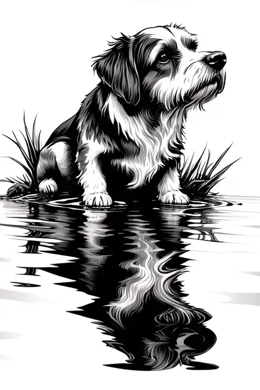 Yorkshire And Water Dog With Reflection In Water