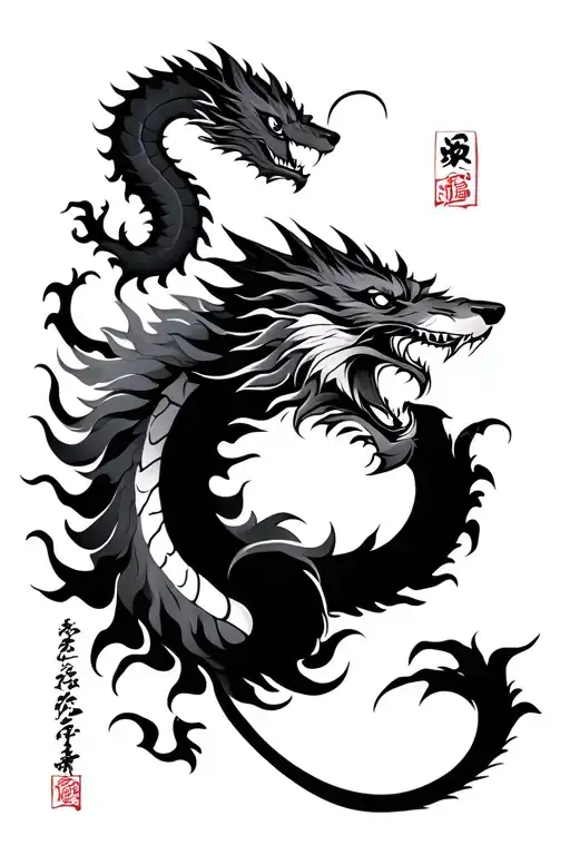 Chinese Dragon And Wolf