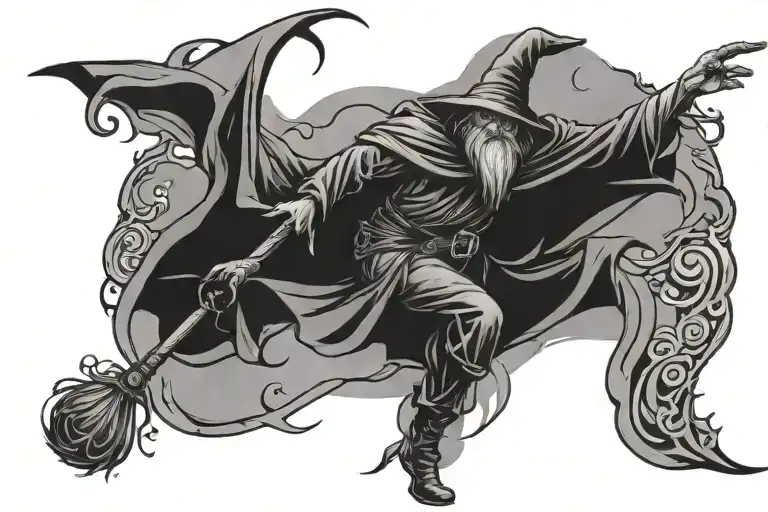 Male Witch With A Staff Winding Down The Road