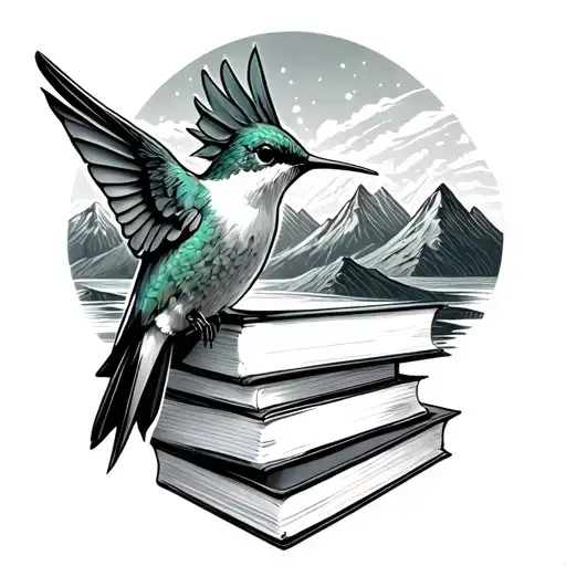 An Intricate Design Of A Hummingbird Perched On A Stack Of Books Surrounded By Mountain Peaks