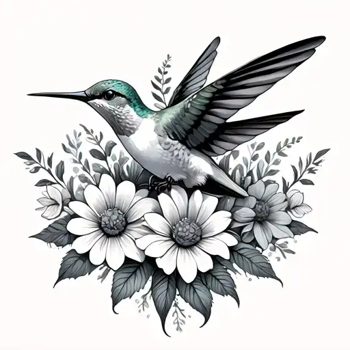 A Hummingbird Hovering Over A Garden Of Aries Flowers