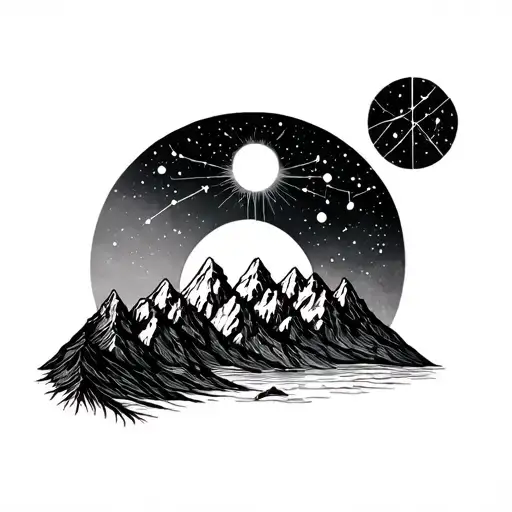 Mountains With Libra Constellation And Rising Sun