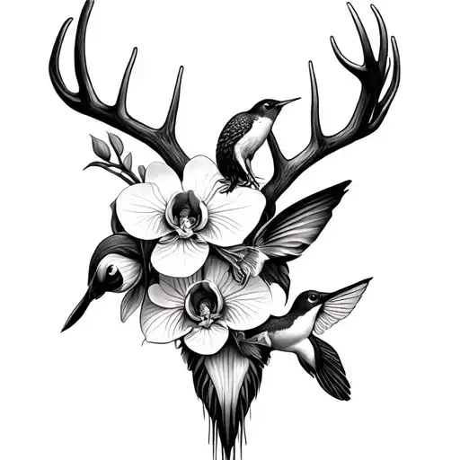 Orchid With Deer Antlers Intertwined With A Humming Bird And Catfish