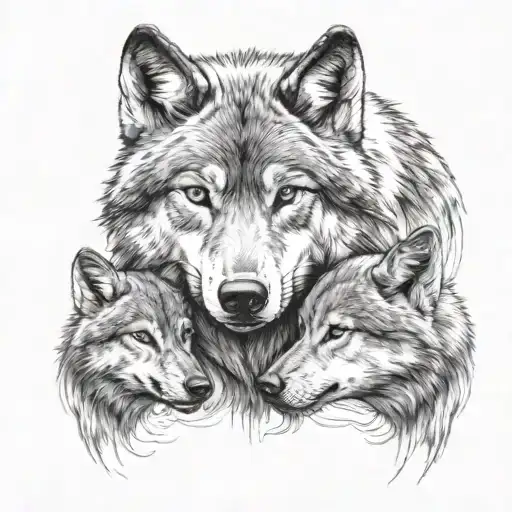 Wolf Protectin His Two Cubs