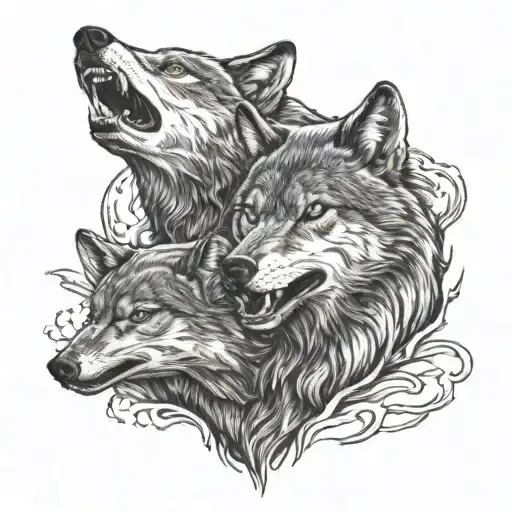 Wolf Showing Teeth Protectin His Two Cubs