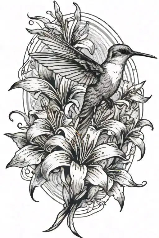 Hummingbird With Lily Flowers And Lines